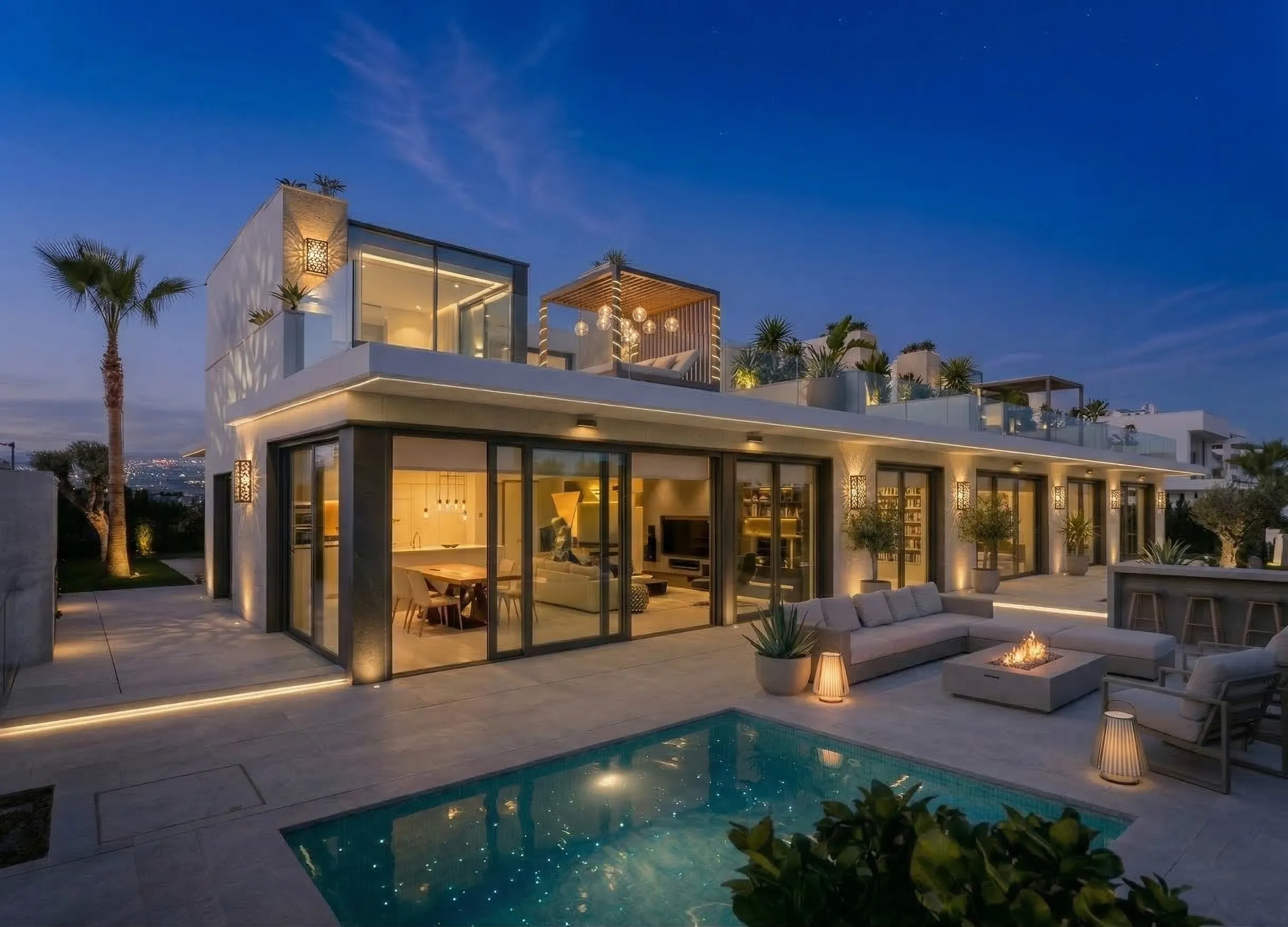 Luxury Southern California estate at dusk with architectural lighting