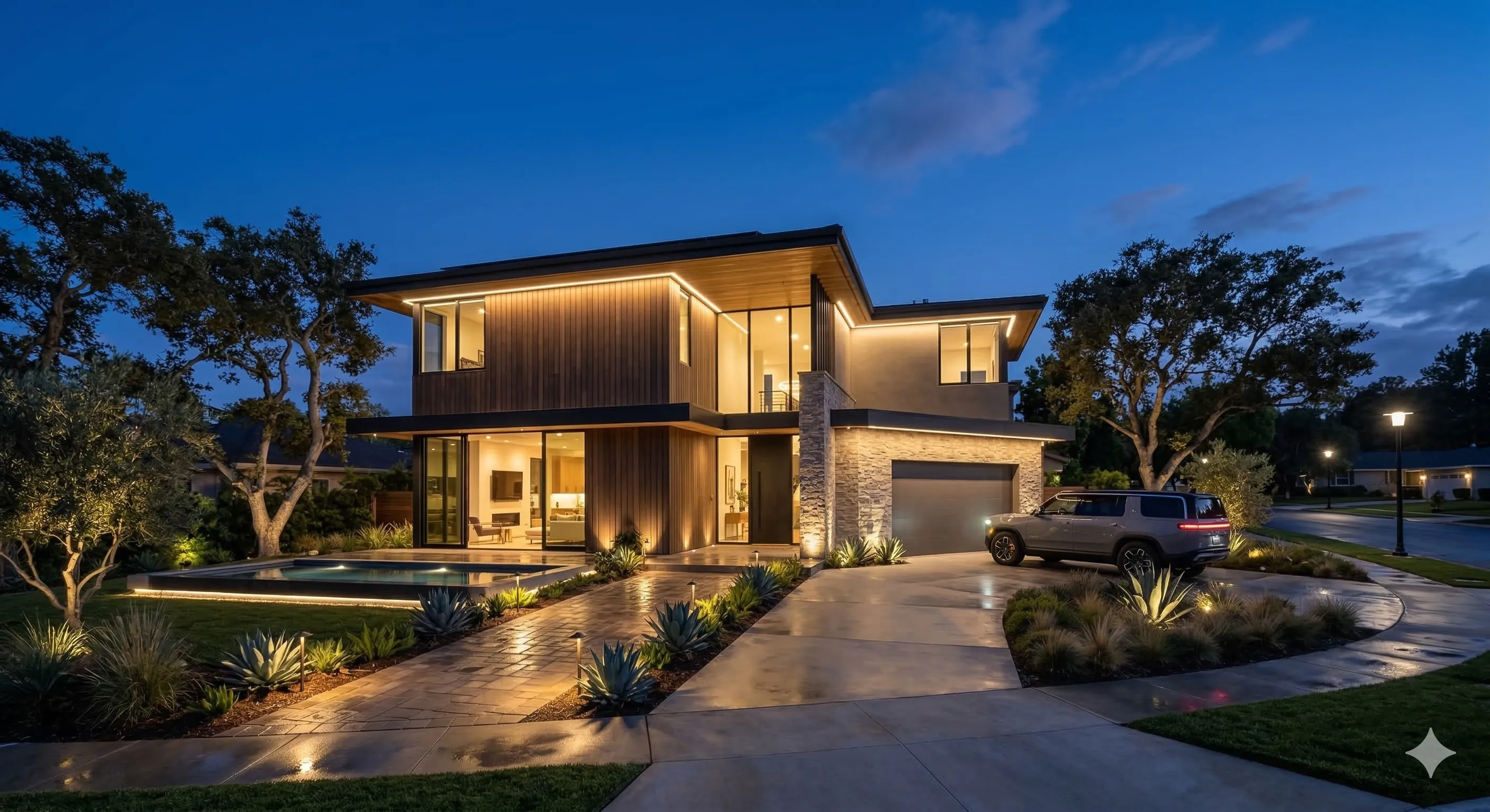 Estate exterior with architectural LED lighting at dusk — Manhattan Beach