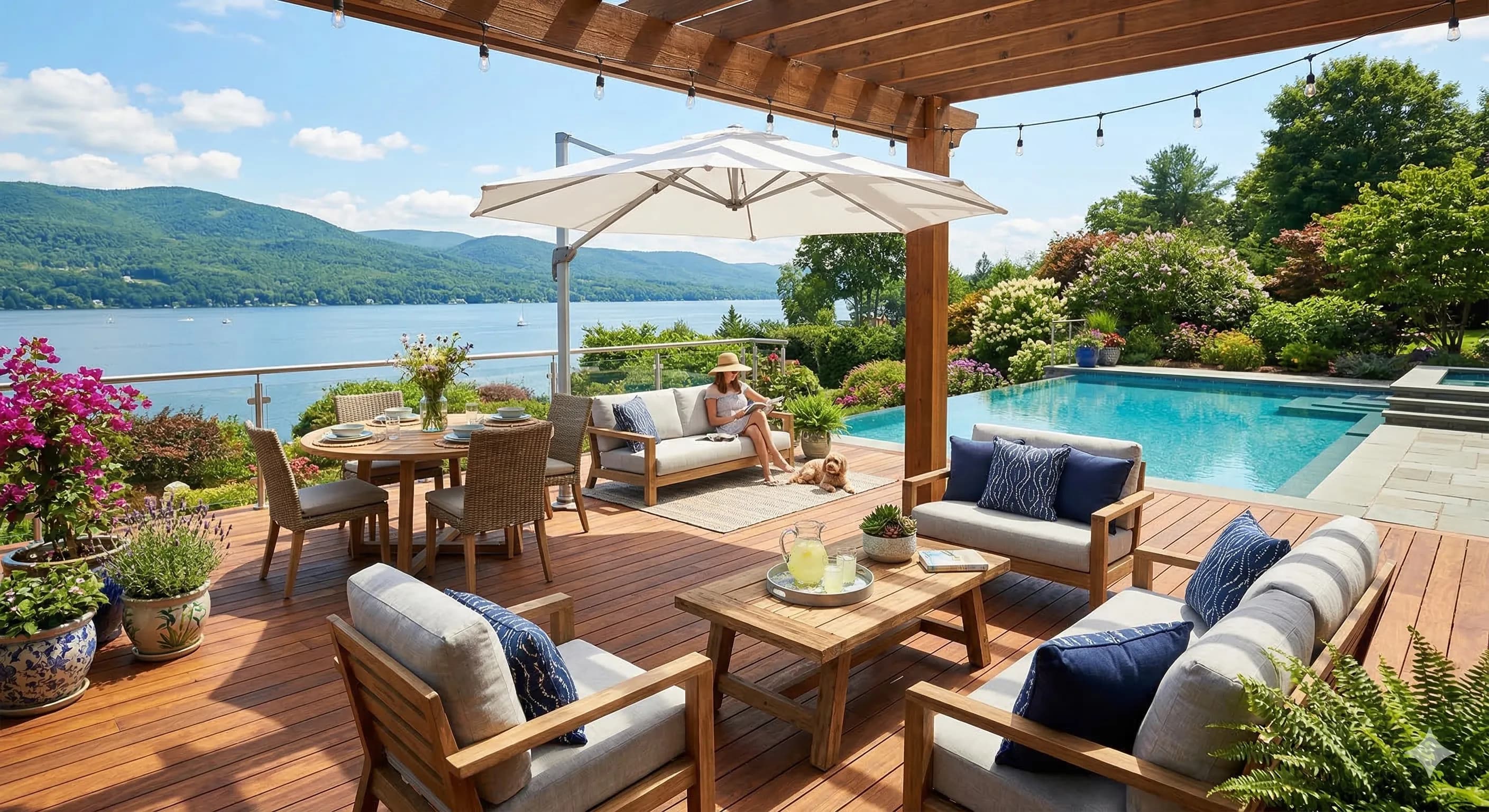 Custom luxury hardscape patio with pergola and pool — South Bay estate